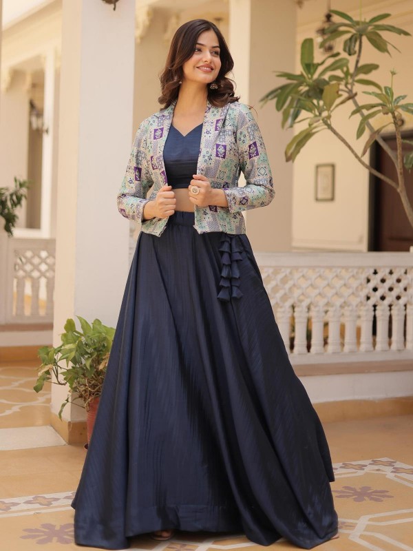 Navy Blue Chinon Koti Style Lehenga Choli